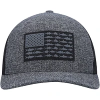 Men's Columbia PFG Heathered Charcoal/Black Fish Flag Mesh Trucker Snapback Hat