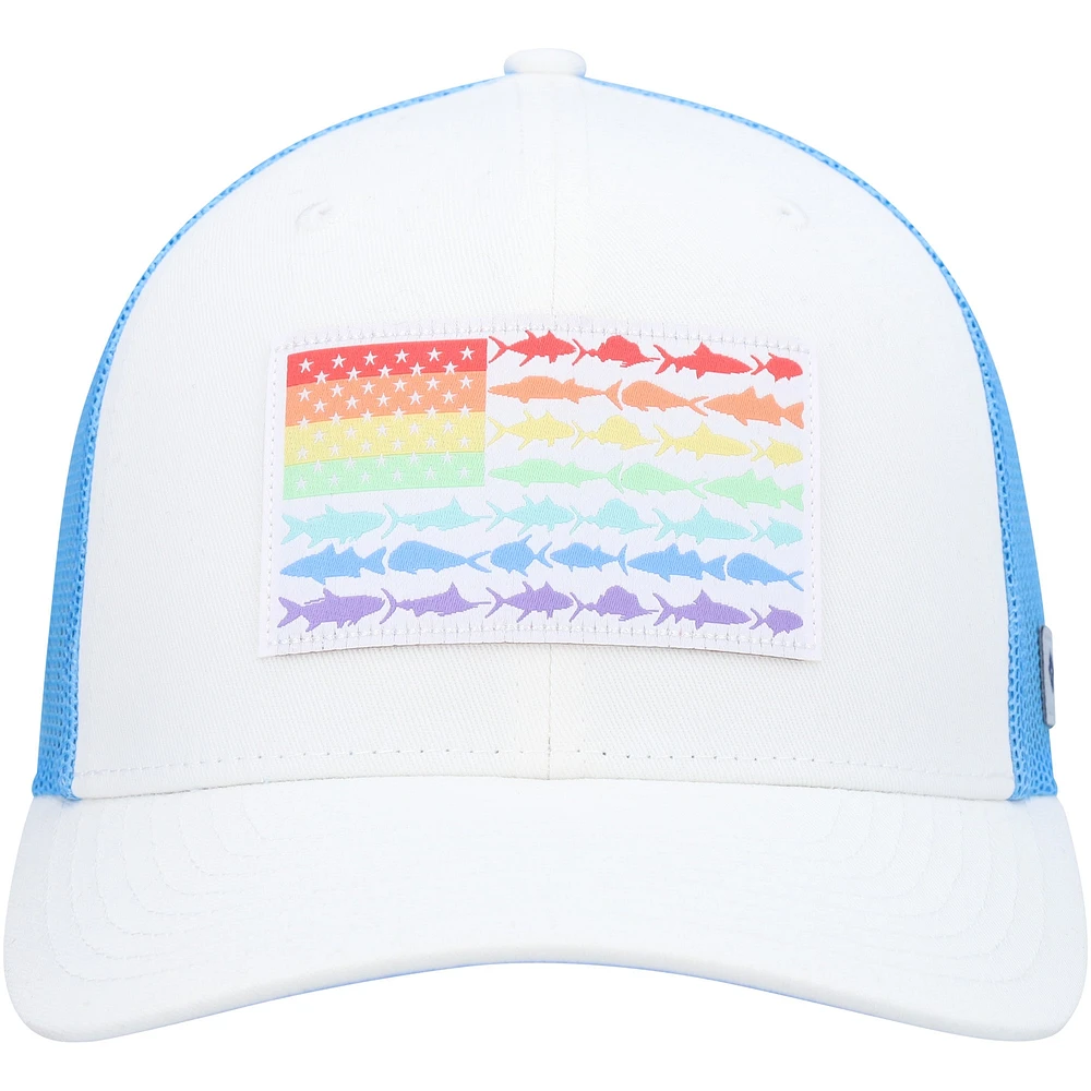 Men's Columbia PFG White/Light Blue Icon Fish Flag COOLMAX Mesh Trucker Snapback Hat