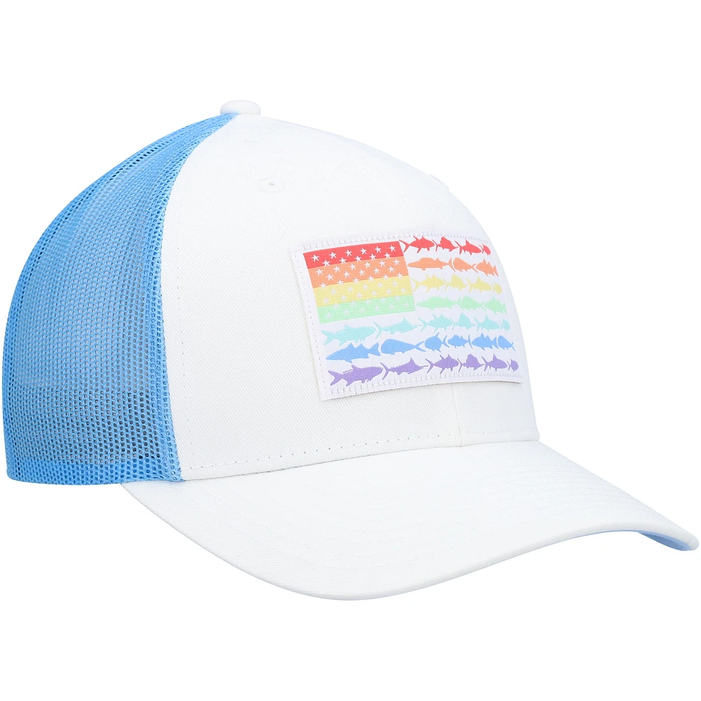 Men's Columbia PFG White/Light Blue Icon Fish Flag COOLMAX Mesh Trucker Snapback Hat