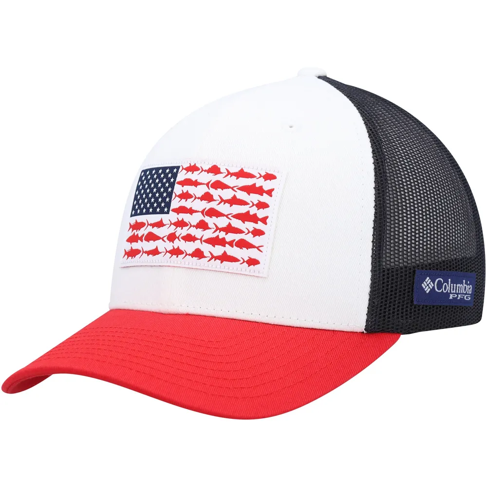 Lids Columbia PFG Pattern Fish Flag Mesh Trucker Snapback Hat - White/Red