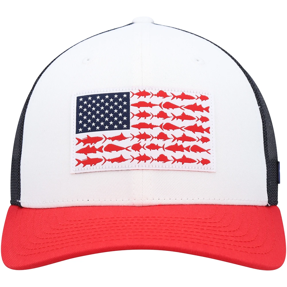 Men's Columbia PFG White/Red Pattern Fish Flag Mesh Trucker Snapback Hat