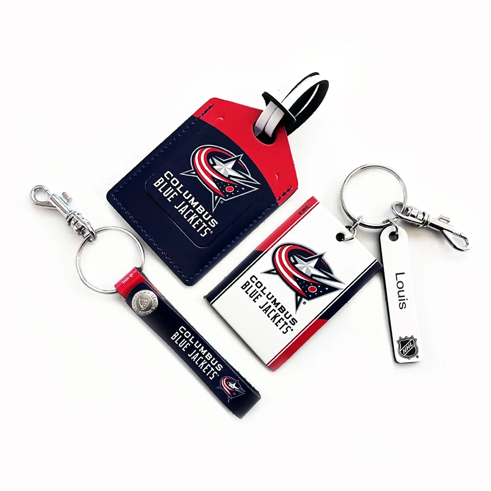 Columbus Blue Jackets - Coffret cadeau trois pièces en cuir avec étiquette personnalisée