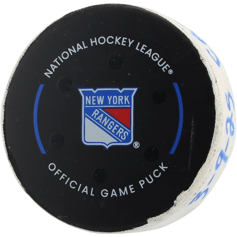 Dante Fabbro Columbus Blue Jackets Game-Used Goal Puck vs. New York Rangers on March 9, 2025