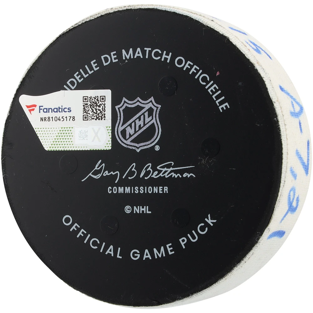 Dante Fabbro Columbus Blue Jackets Game-Used Goal Puck vs. New York Rangers on March 9, 2025