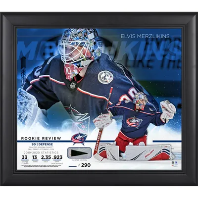 Elvis Merzlikins Columbus Blue Jackets Fanatics Authentic Framed 15" x 17" Rookie Review Collage with a Piece of Game-Used Puck - Limited Edition of 290