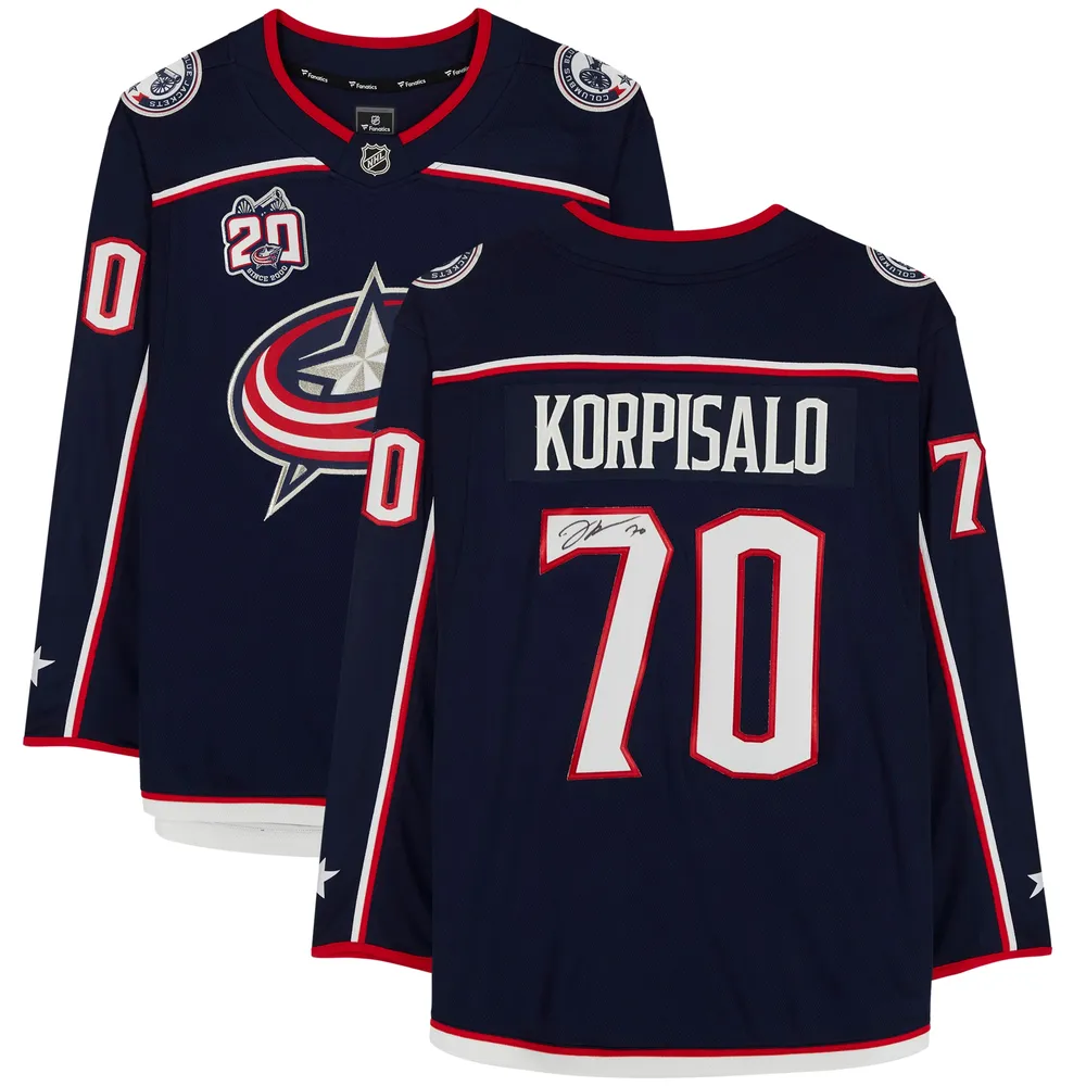 Joonas Korpisalo Columbus Blue Jackets Fanatics Authentic Autographed Fanatics Branded Navy Breakaway Jersey with 20th Anniversary Season Patch