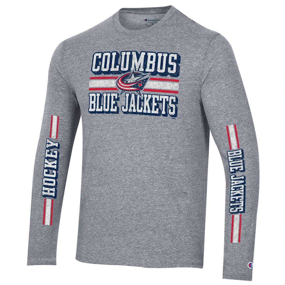 Champion Heather Grey Columbus Blue Jackets T-shirt à manches longues double bande tri-mélange pour hommes