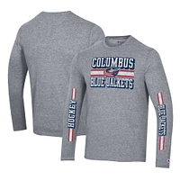 Champion Heather Grey Columbus Blue Jackets T-shirt à manches longues double bande tri-mélange pour hommes