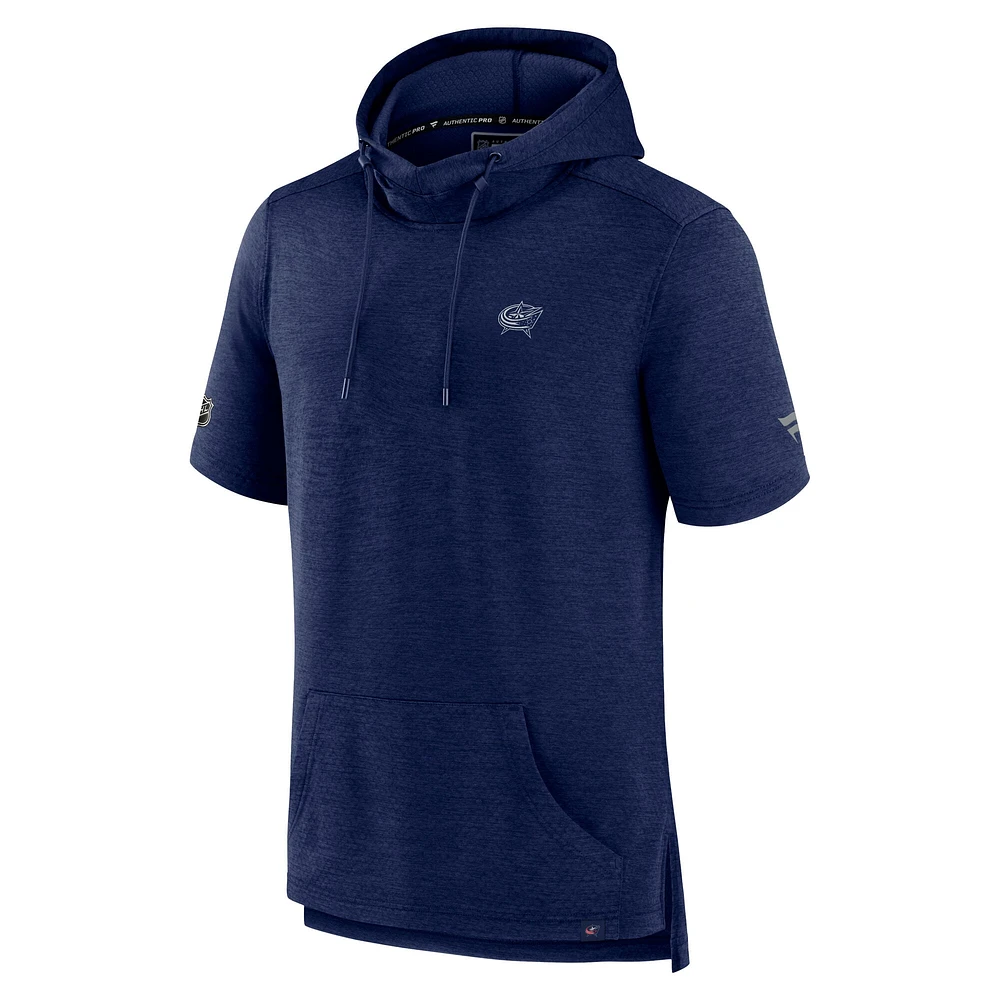 Men's Fanatics Heather Navy Columbus Blue Jackets Authentic Pro Short Sleeve Pullover Hoodie