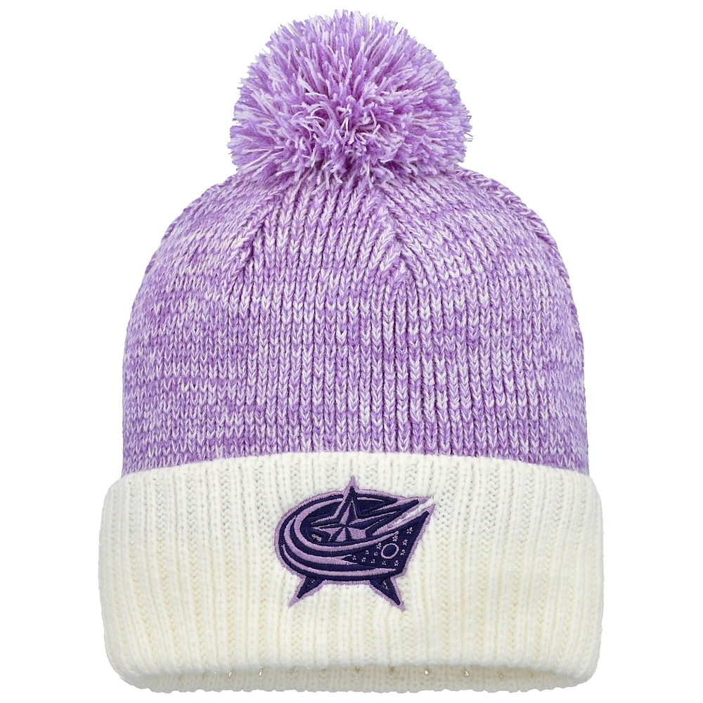 Men's Fanatics Lavender/White Columbus Blue Jackets Hockey Fights Cancer Cuffed Knit Hat with Pom