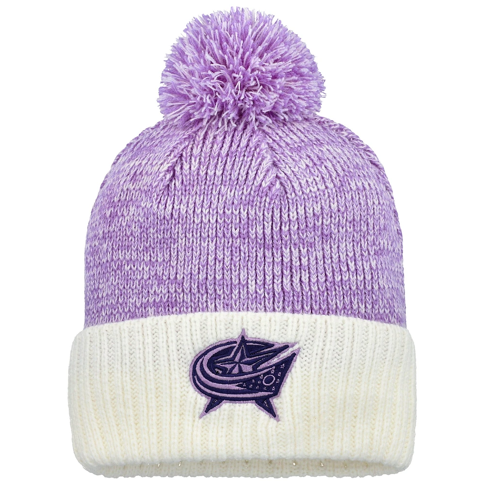Men's Fanatics Lavender/White Columbus Blue Jackets Hockey Fights Cancer Cuffed Knit Hat with Pom