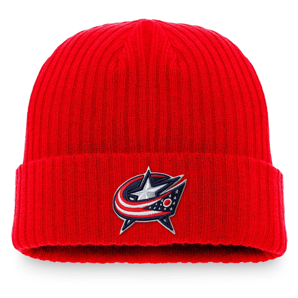 Bonnet en tricot à revers avec logo principal Fanatics Red Columbus Blue Jackets pour hommes