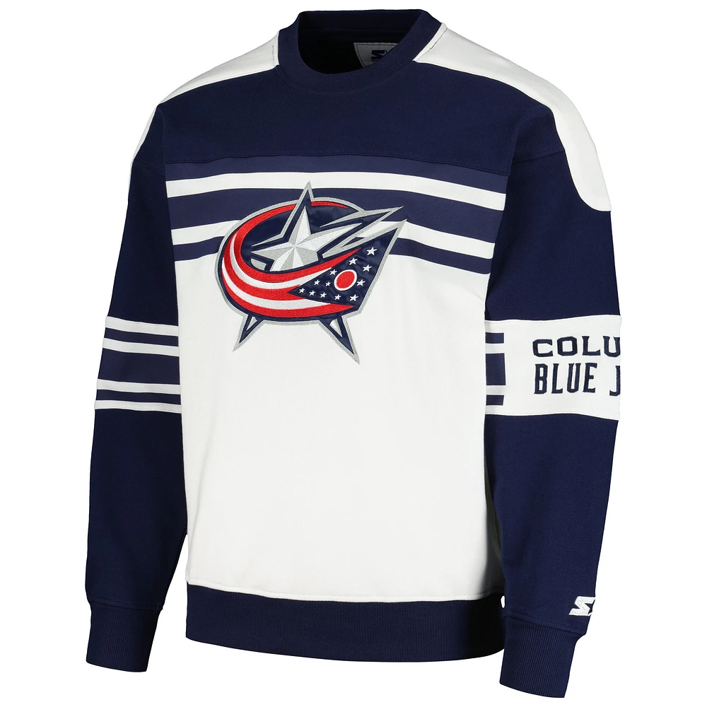 Sweat-shirt à col rond en polaire de défense Starter White Columbus Blue Jackets pour hommes