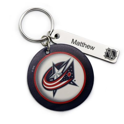 White Columbus Blue Jackets Logo Personalized Leather Round Keychain