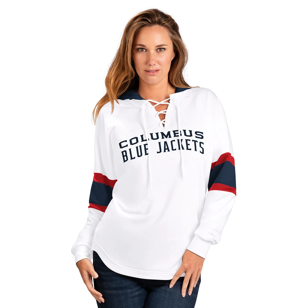 Women's G-III 4Her by Carl Banks  White Columbus Blue Jackets Goal Zone Long Sleeve Lace-Up Hoodie T-Shirt
