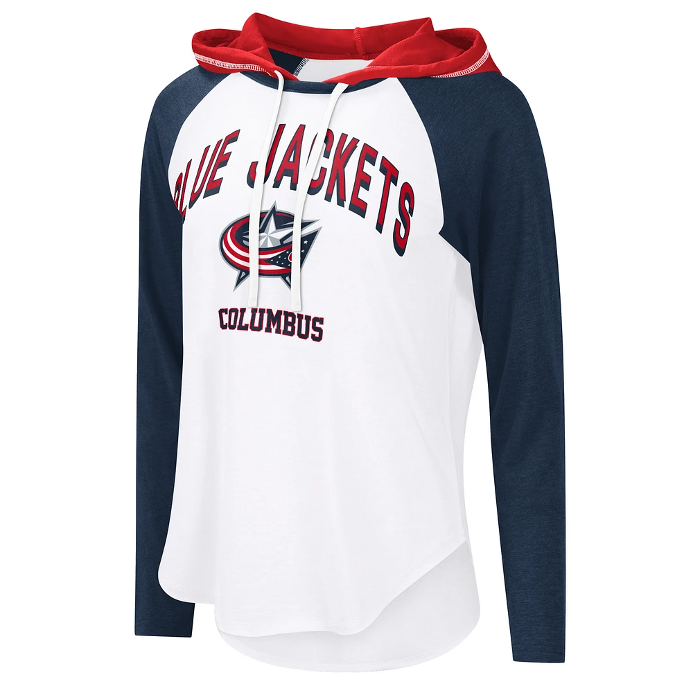Women's G-III 4Her by Carl Banks  White Columbus Blue Jackets VIP Raglan Long Sleeve Hoodie T-Shirt