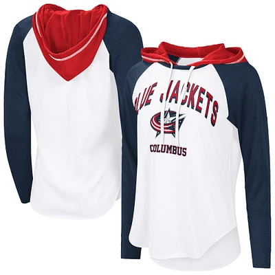 Women's G-III 4Her by Carl Banks  White Columbus Blue Jackets VIP Raglan Long Sleeve Hoodie T-Shirt