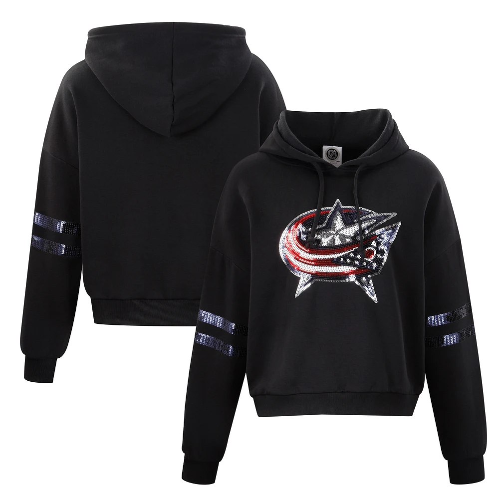 Sweat à capuche court sequins Cuce Black Columbus Blue Jackets pour femme