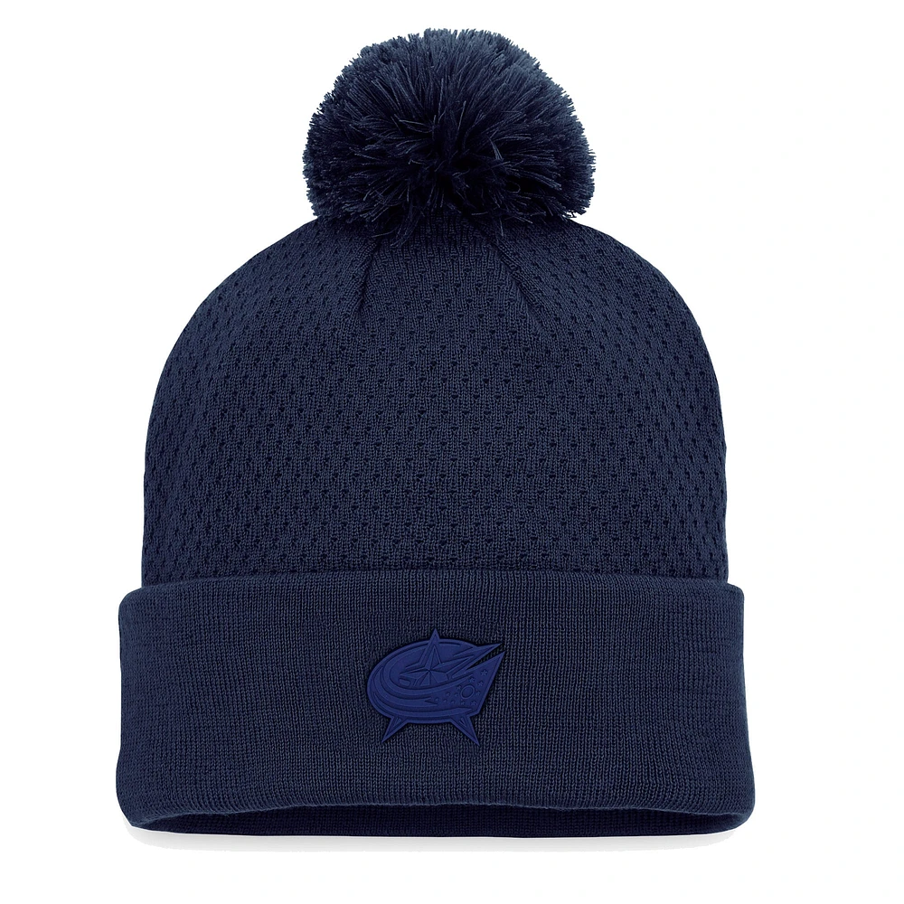 Fanatics Navy Columbus Blue Jackets Bonnet en tricot à revers authentique Pro Road avec pompon pour femmes