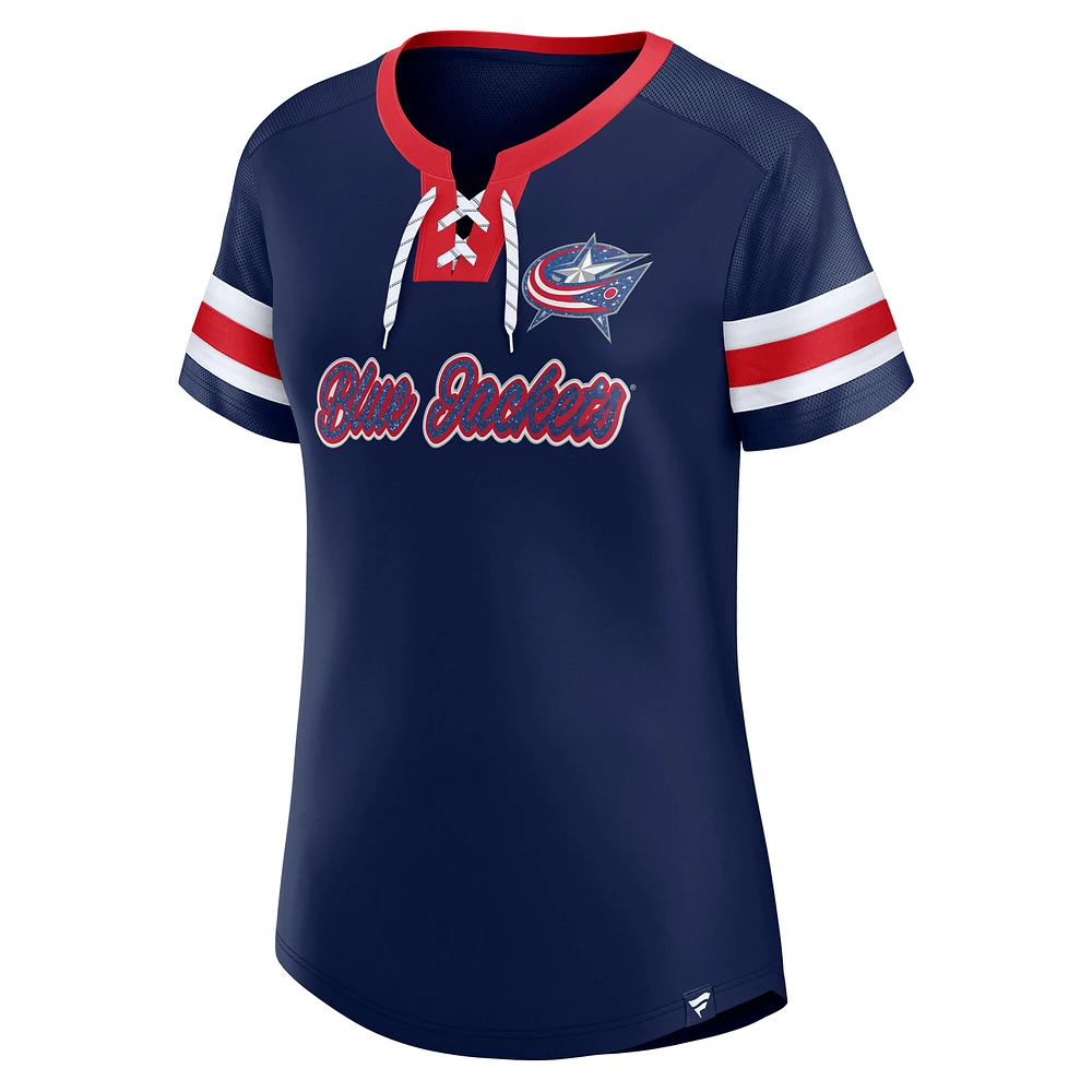 Women's Fanatics Navy Columbus Blue Jackets Iconic Athena Lace-Up T-Shirt