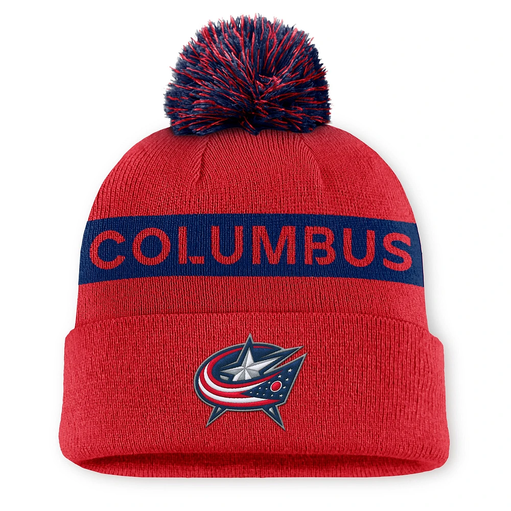 Bonnet en tricot à revers avec pompon authentique Pro Rink Columbus Blue Jackets rouge/bleu marine Fanatics pour femme