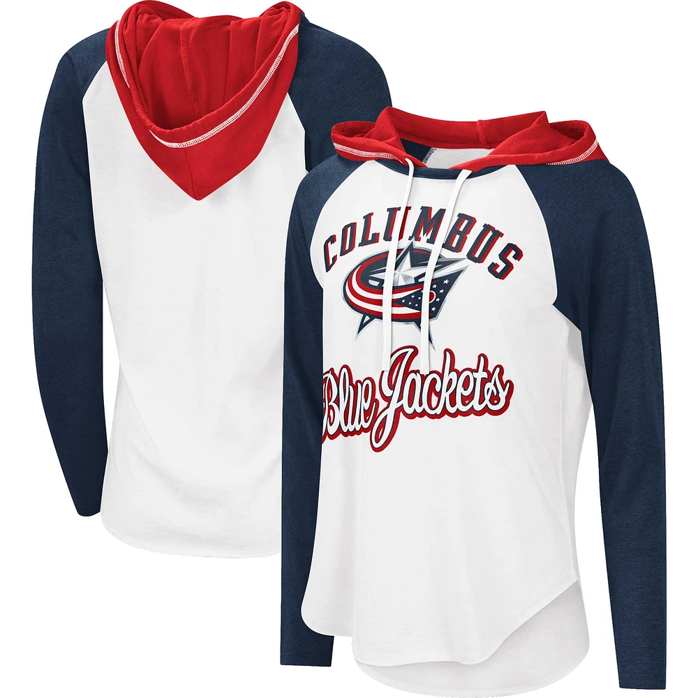 Women's G-III Sports by Carl Banks White/Heather Navy Columbus Blue Jackets MVP Raglan Lightweight Hooded T-Shirt