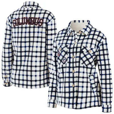 Columbus Blue Jackets WEAR by Erin Andrews Women's Plaid Button-Up Shirt Jacket - Oatmeal