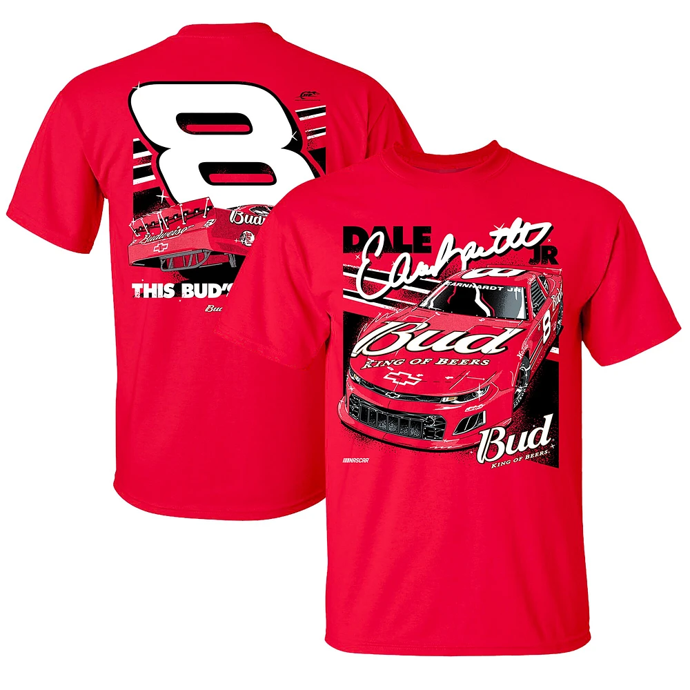 T-shirt officiel de l'équipe JR Motorsports pour homme avec voiture Budweiser Dale Earnhardt Jr. rouge