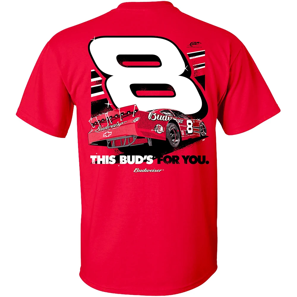 T-shirt officiel de l'équipe JR Motorsports pour homme avec voiture Budweiser Dale Earnhardt Jr. rouge