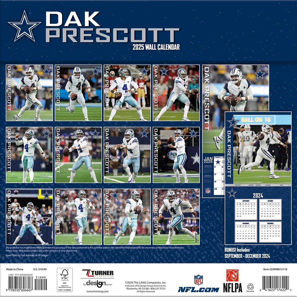 Calendrier mural des joueurs 2025 de Dak Prescott Dallas Cowboys 12" x 12"