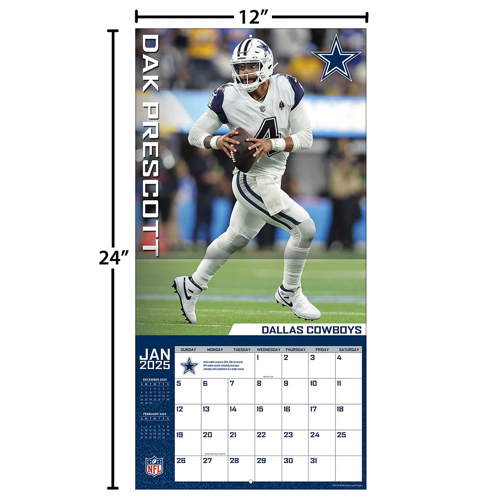 Calendrier mural des joueurs 2025 de Dak Prescott Dallas Cowboys 12" x 12"