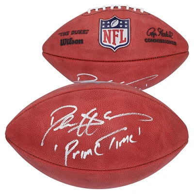Ballon de football en couleur autographié par Deion Sanders des Dallas Cowboys avec l'inscription « Primetime »