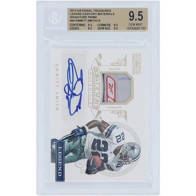 Emmitt Smith Dallas Cowboys Autographed 2012 Panini National Treasures Game Used Laundry Tag Relic #44 #8/15 BGS Authenticated 9.5/10 Card - 9.5,9.5,9.5,9.5 Subgrades