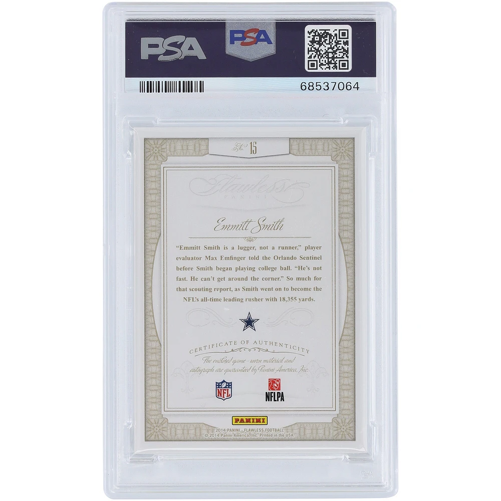 Emmitt Smith Dallas Cowboys Autographed 2014 Panini Flawless 2 Color Game Used Relic #15 #6/25 PSA Authenticated 8 Card