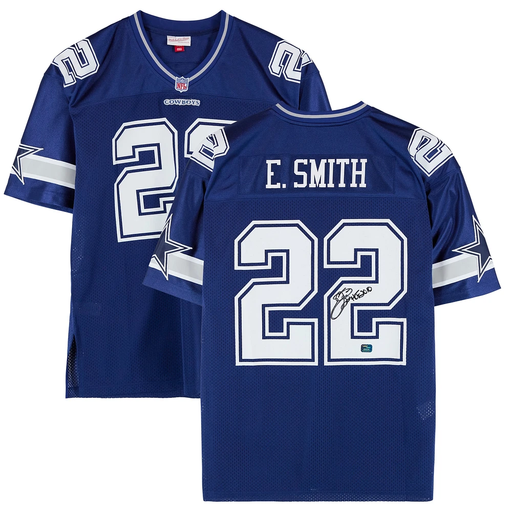 Emmitt Smith Dallas Cowboys Autographed Mitchell and Ness Blue Authentic Jersey with "HOF 2010" Inscription