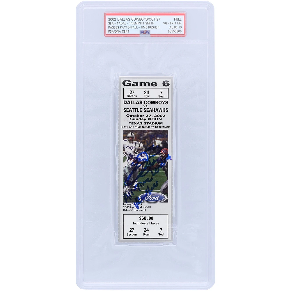 Emmitt Smith Dallas Cowboys Autographed Passes Walter Payton to become the NFL's all-time leading rusher PSA Authenticated 4/10 Ticket from October 27, 2002 with "All-Time Leading Rusher" Inscription