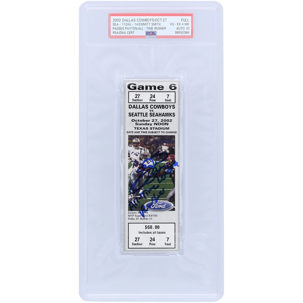 Emmitt Smith Dallas Cowboys Autographed Passes Walter Payton to become the NFL's all-time leading rusher PSA Authenticated 4/10 Ticket from October 27, 2002 with "All-Time Leading Rusher" Inscription
