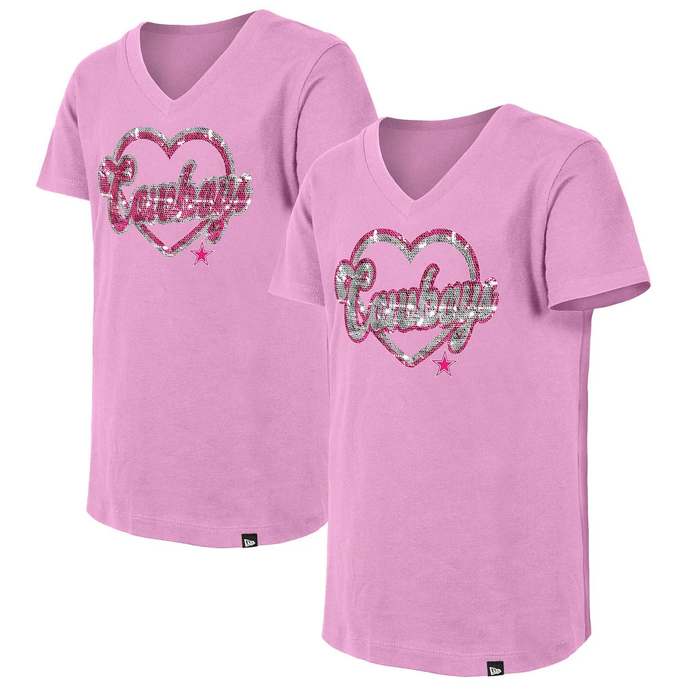 Girls Youth New Era Pink Dallas Cowboys Flip Sequins V-Neck T-Shirt