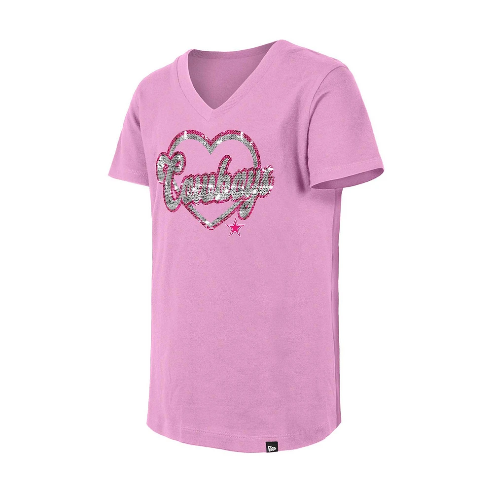 Girls Youth New Era Pink Dallas Cowboys Flip Sequins V-Neck T-Shirt