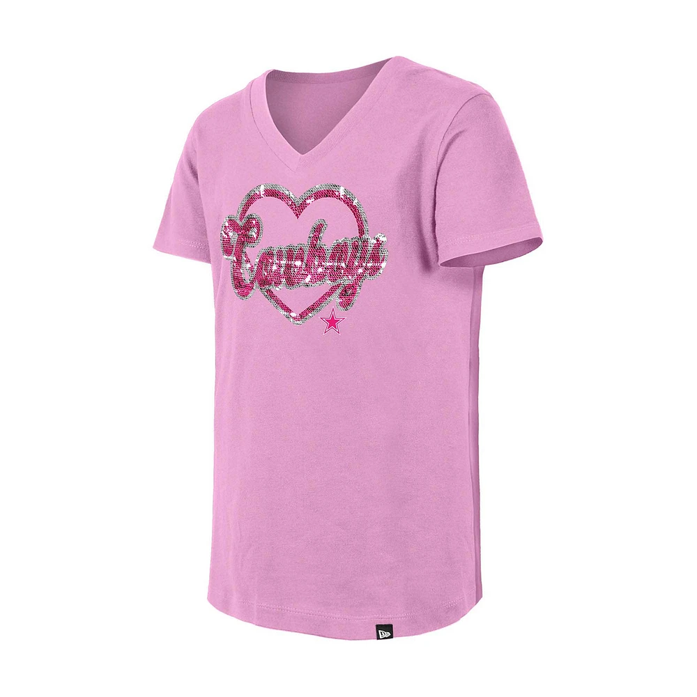 Girls Youth New Era Pink Dallas Cowboys Flip Sequins V-Neck T-Shirt