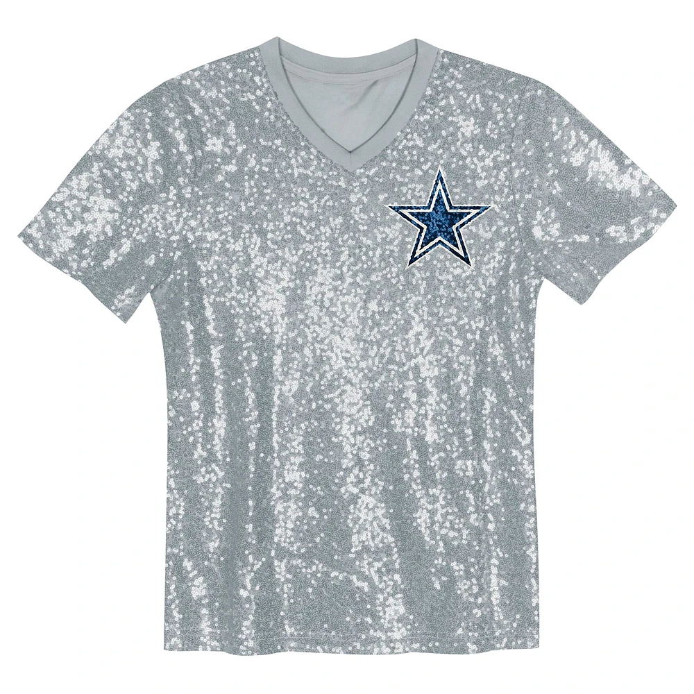 Girls Youth CeeDee Lamb Silver Dallas Cowboys Sequin V-Neck Fashion Jersey