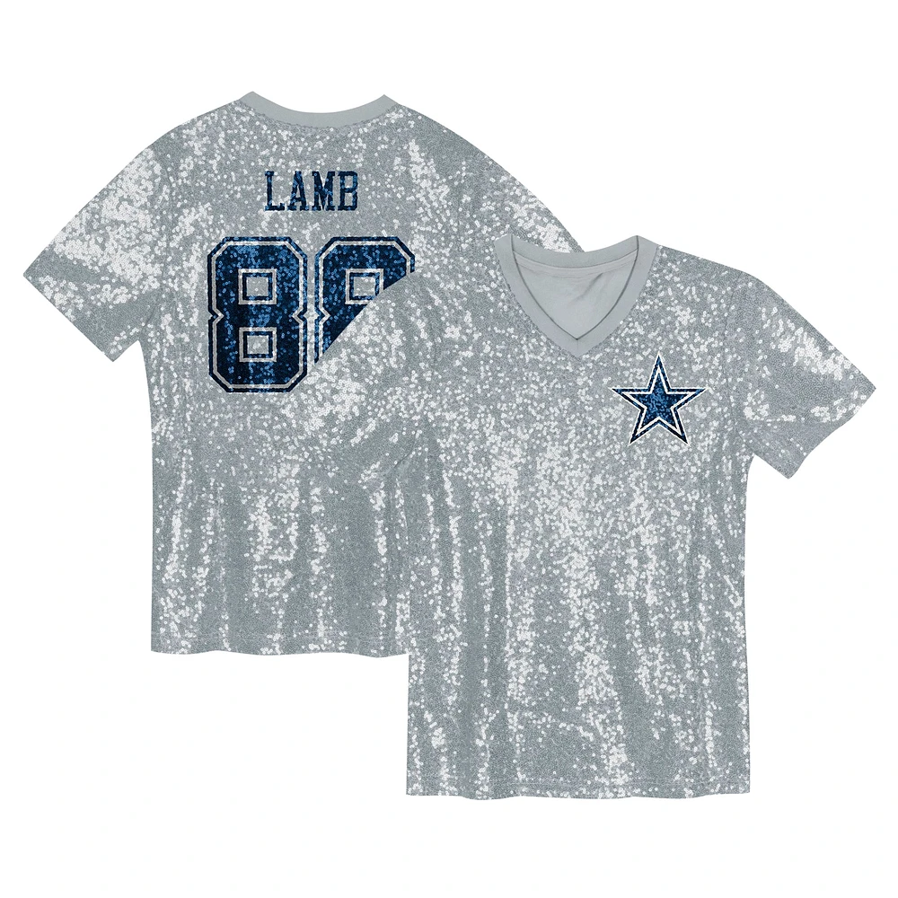 Girls Youth CeeDee Lamb Silver Dallas Cowboys Sequin V-Neck Fashion Jersey