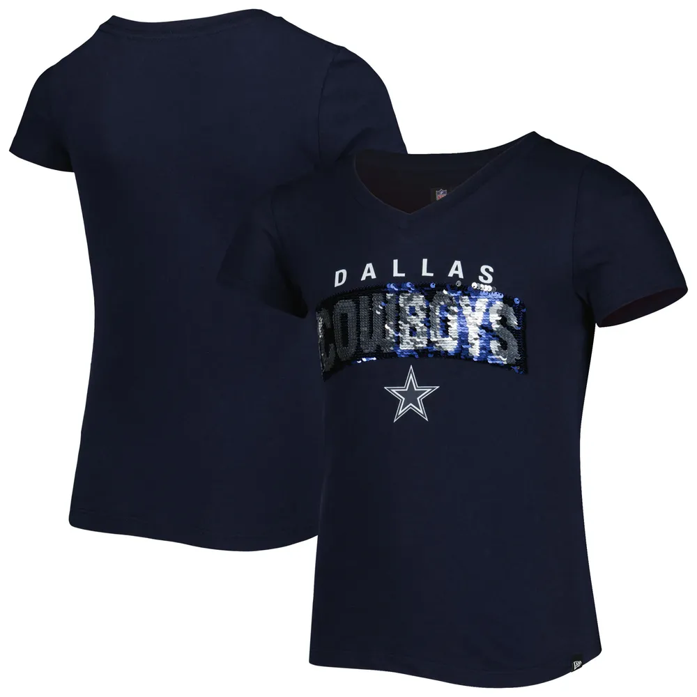 Dallas Cowboys New Era Girls Youth Reverse Sequin Wordmark V-Neck T-Shirt -  Navy