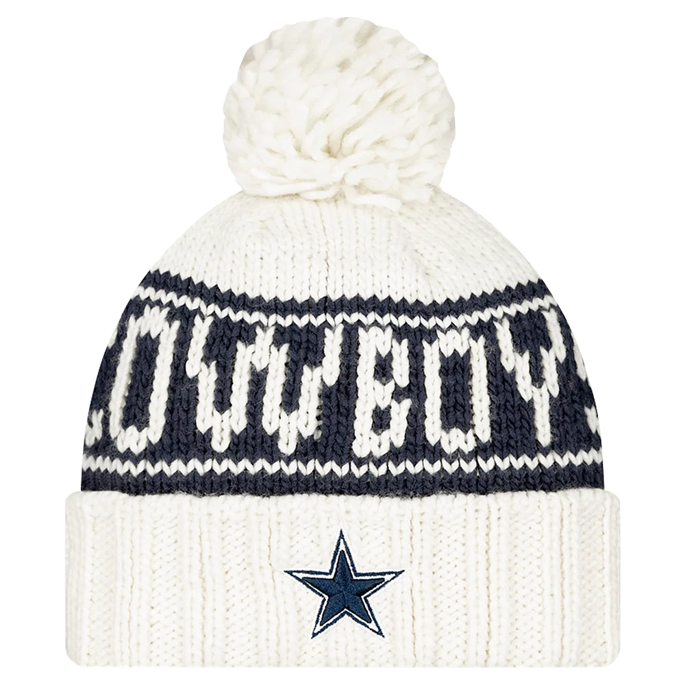 Girls Youth New Era White Dallas Cowboys Sideline Cuffed Knit Hat with Pom