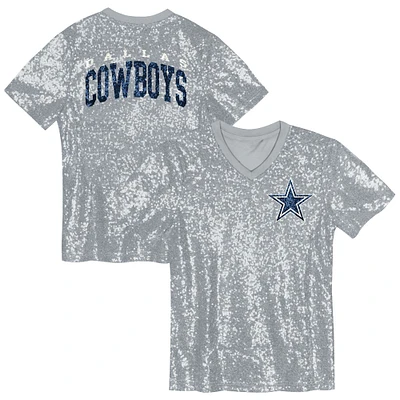 Girls Youth Silver Dallas Cowboys Wordmark Sequin V-Neck Top