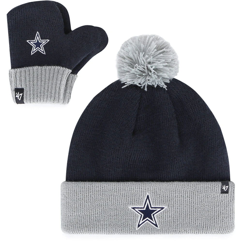 Infant '47 Navy Dallas Cowboys Bam Bam Bonnet en tricot à revers avec pompons et ensemble de mitaines