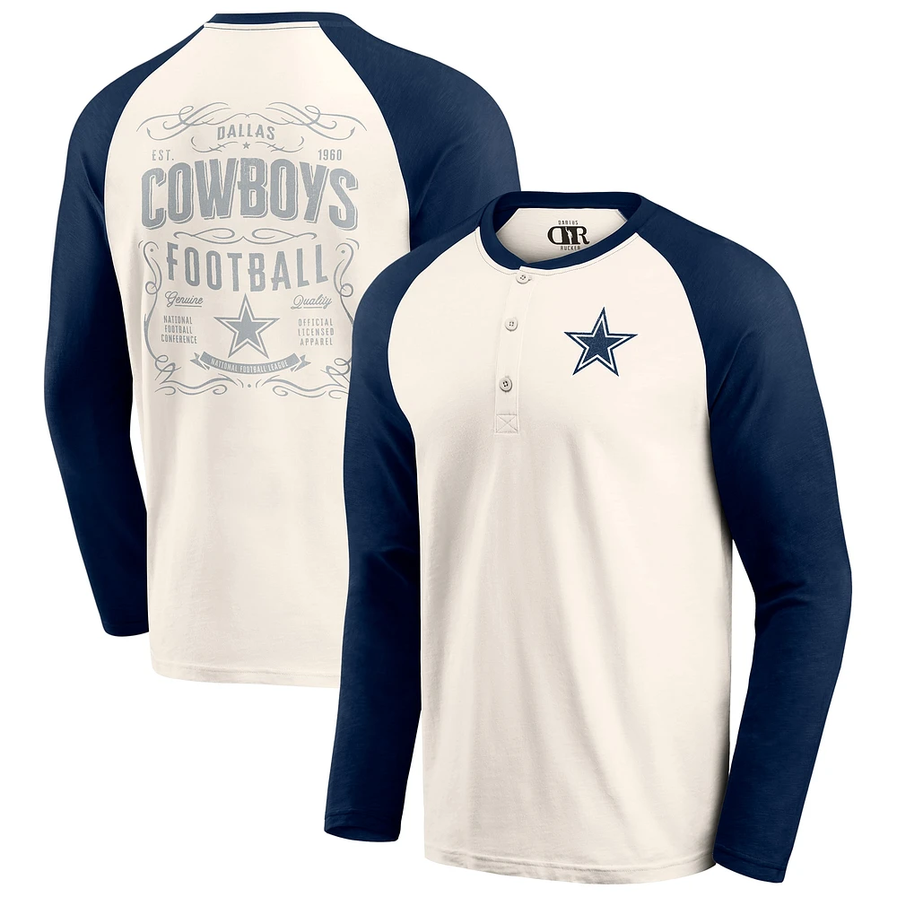 T-shirt à manches longues raglan Henley pour homme de la collection Darius Rucker Fanatics, blanc/bleu marine, Dallas Cowboys