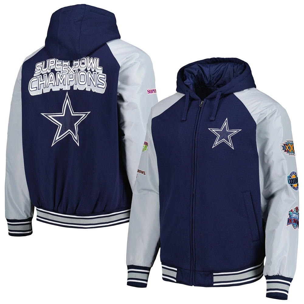 Men's G-III Sports by Carl Banks Navy Dallas Cowboys 5X Super Bowl Champions Defender Varsity Raglan Full-Zip Hoodie