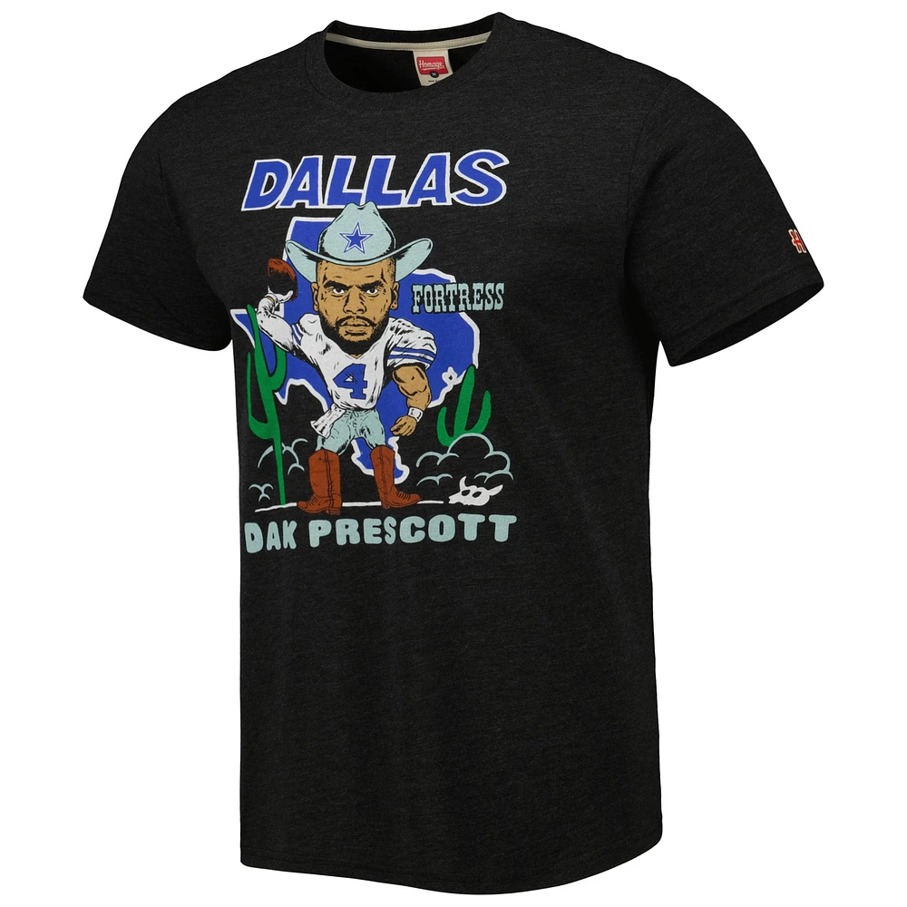 Men's Homage Dak Prescott Heathered Heather Black Dallas Cowboys Caricature Player Tri-Blend T-Shirt