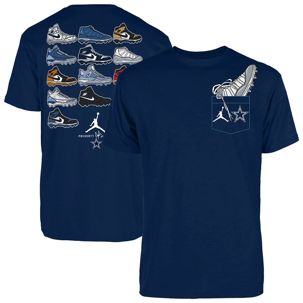 T-shirt graphique Jordan Brand Dak Prescott bleu marine Dallas Cowboys Shoe Schedule pour homme